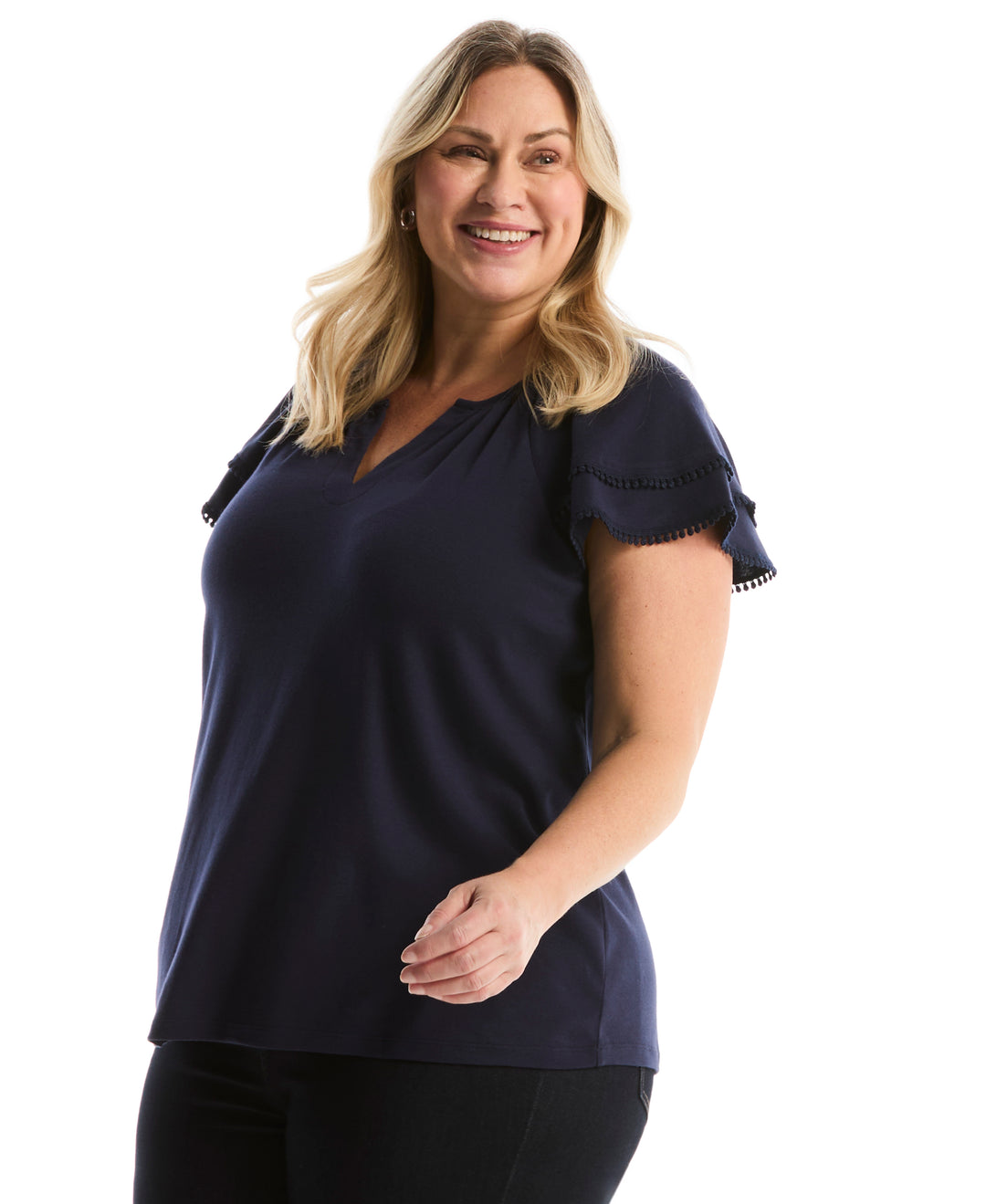 Plus Size Eyelet Flutter Sleeve Split Neck Top (Peacoat) 