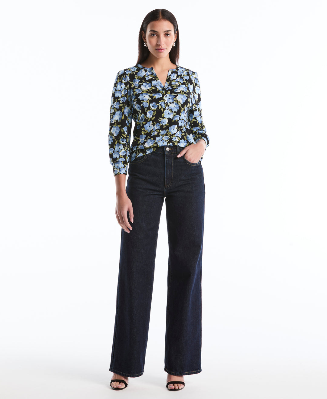 Floral Print Shirred Top (Black) 