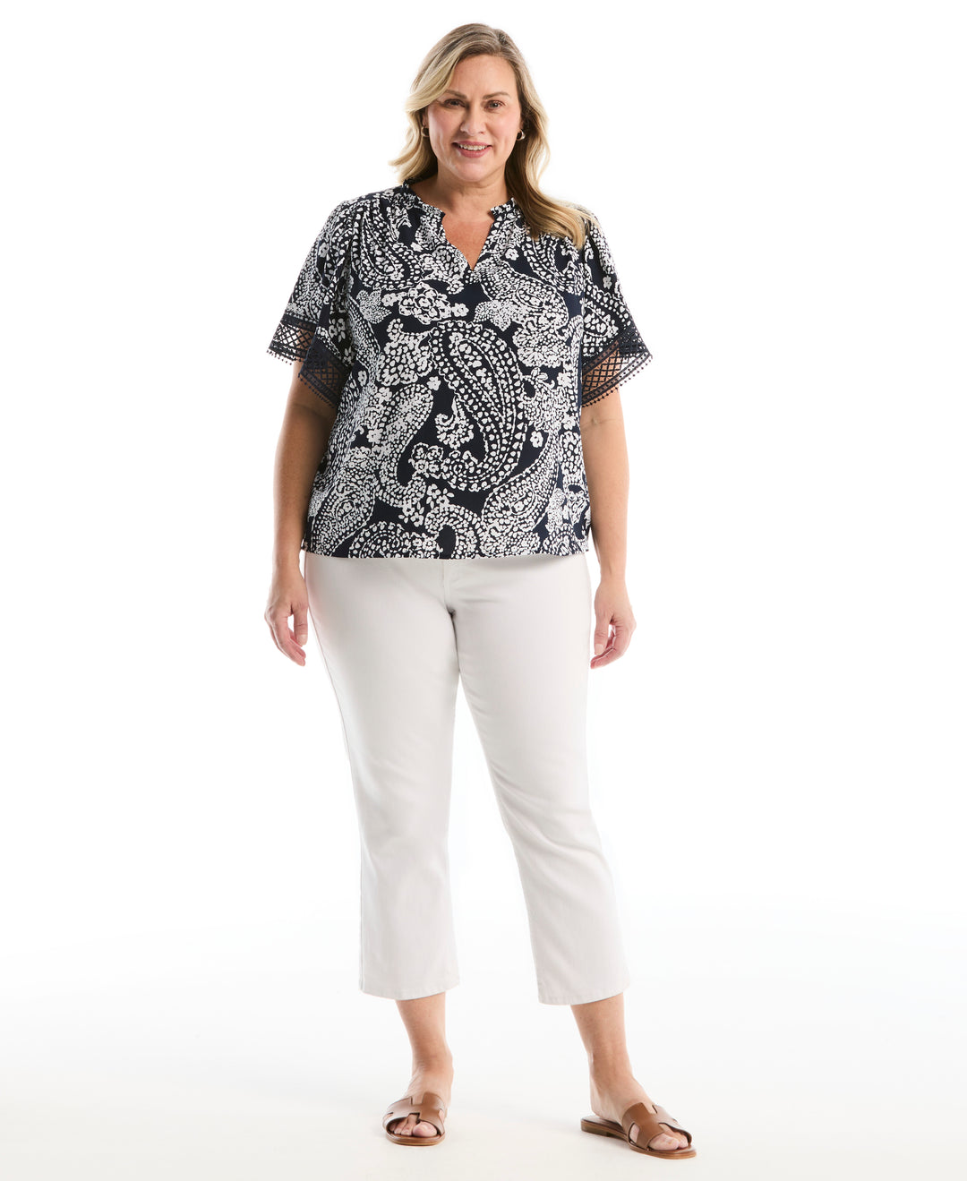 Plus Size Paisley Print Flutter Lace Sleeve Blouse (Peacoat) 