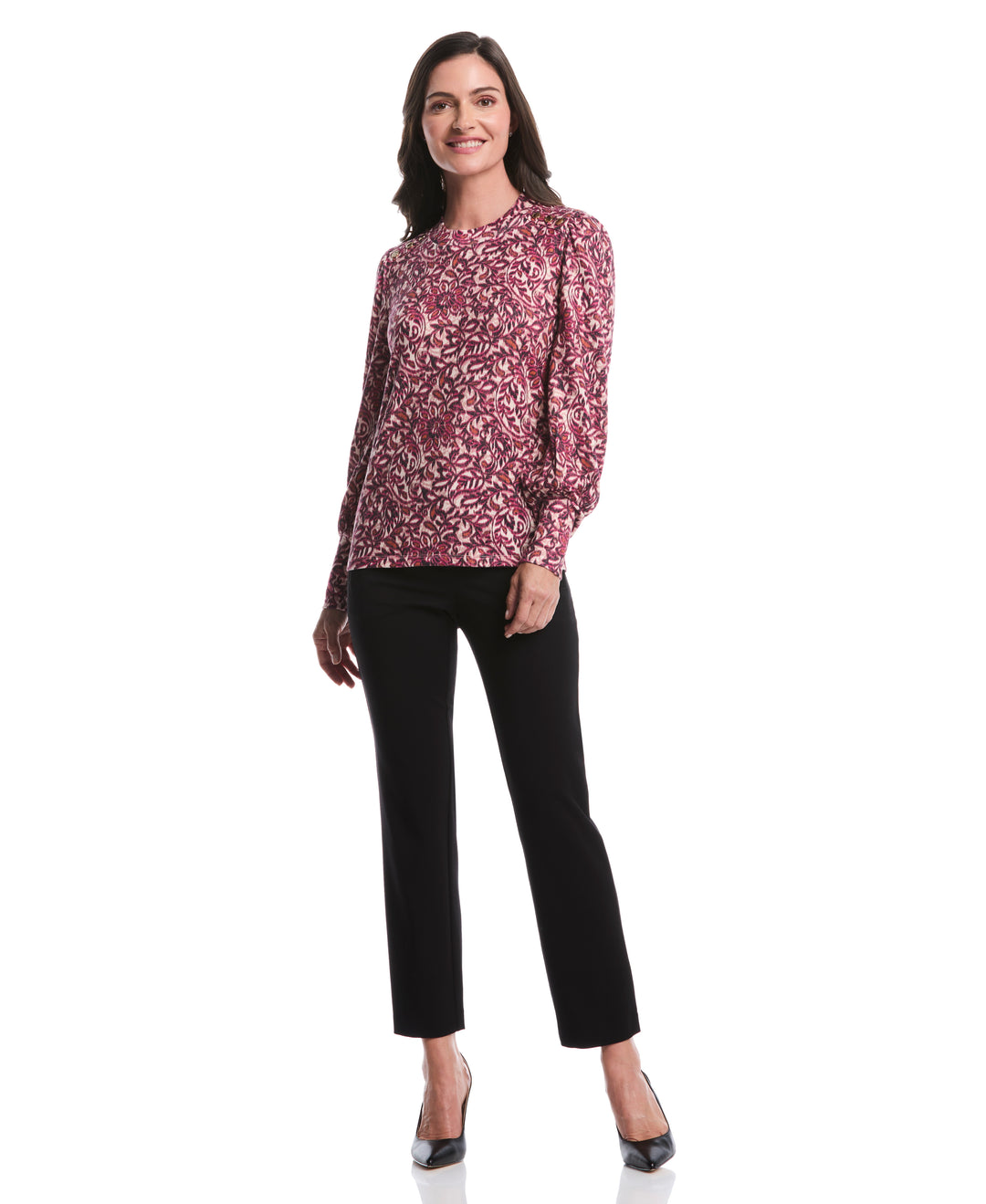 Paisley Print Puff Sleeve Crew Neck Top (Beetroot Purple) 