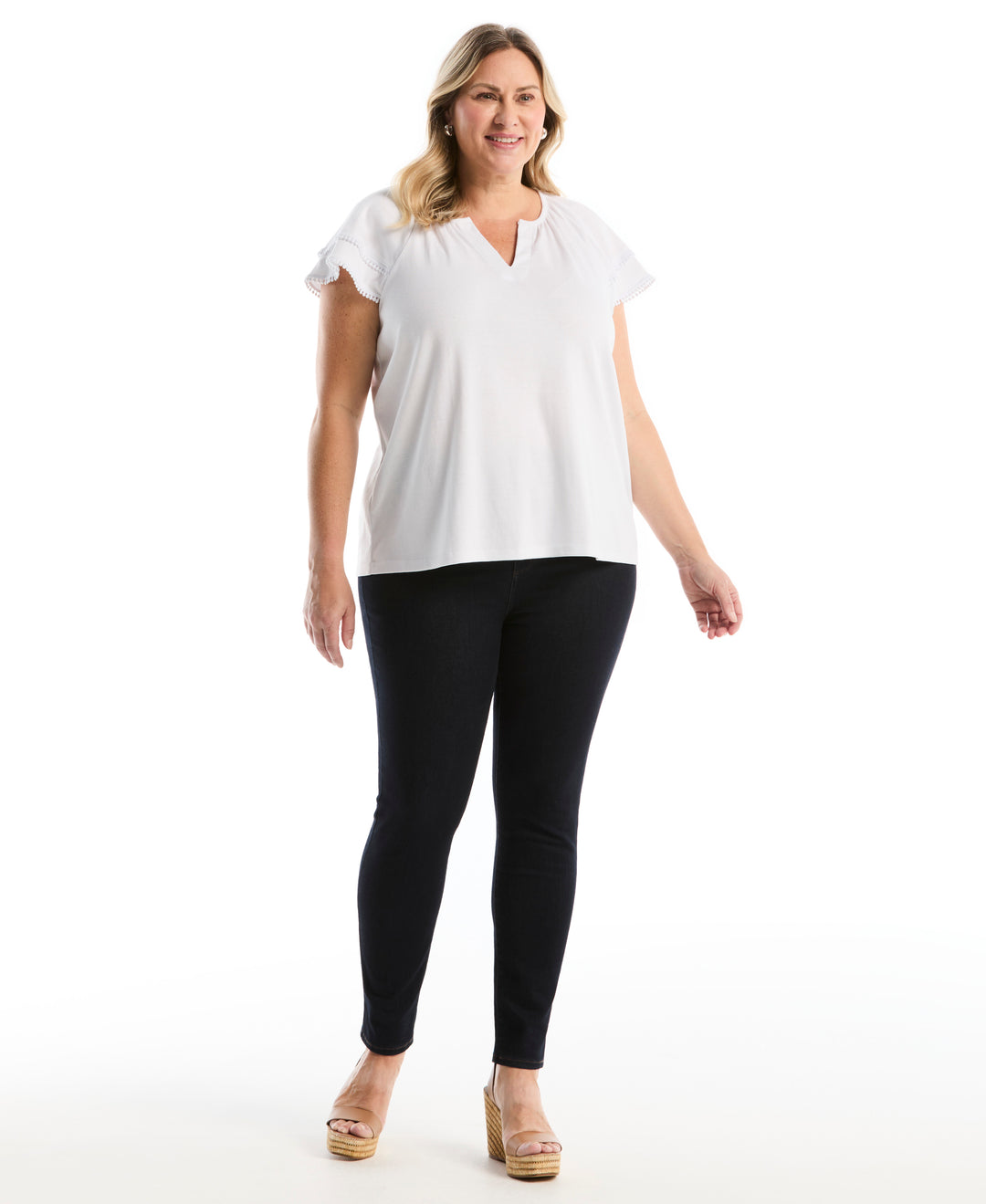 Plus Size Eyelet Flutter Sleeve Split Neck Top (White) 