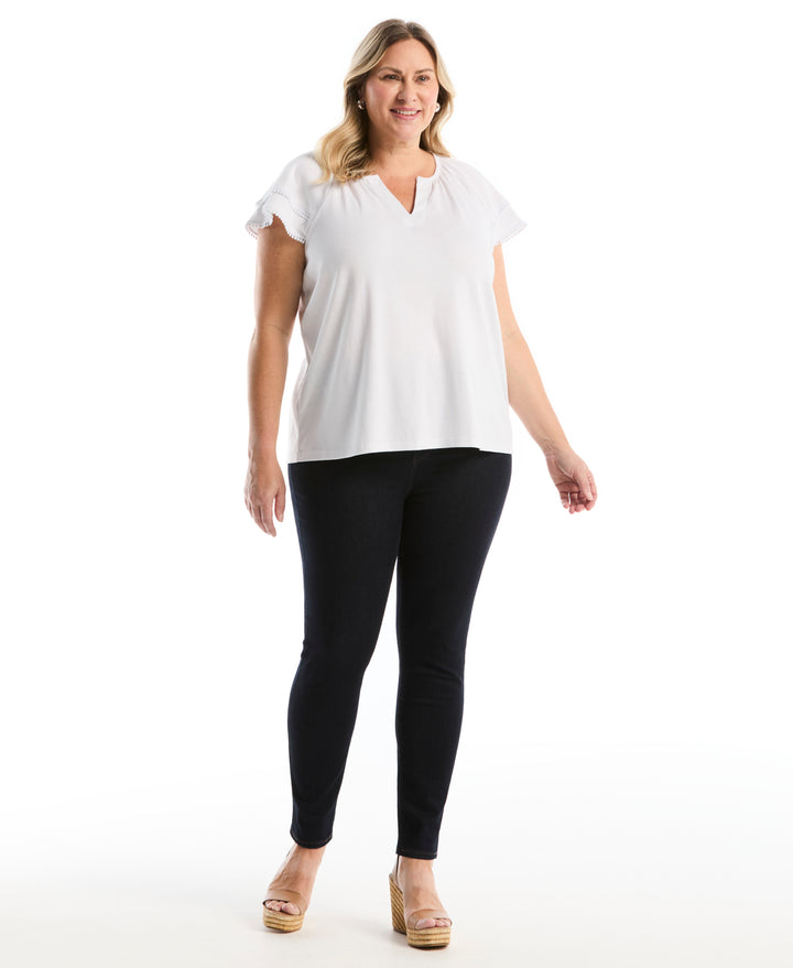 Plus Size Eyelet Flutter Sleeve Split Neck Top (White) 