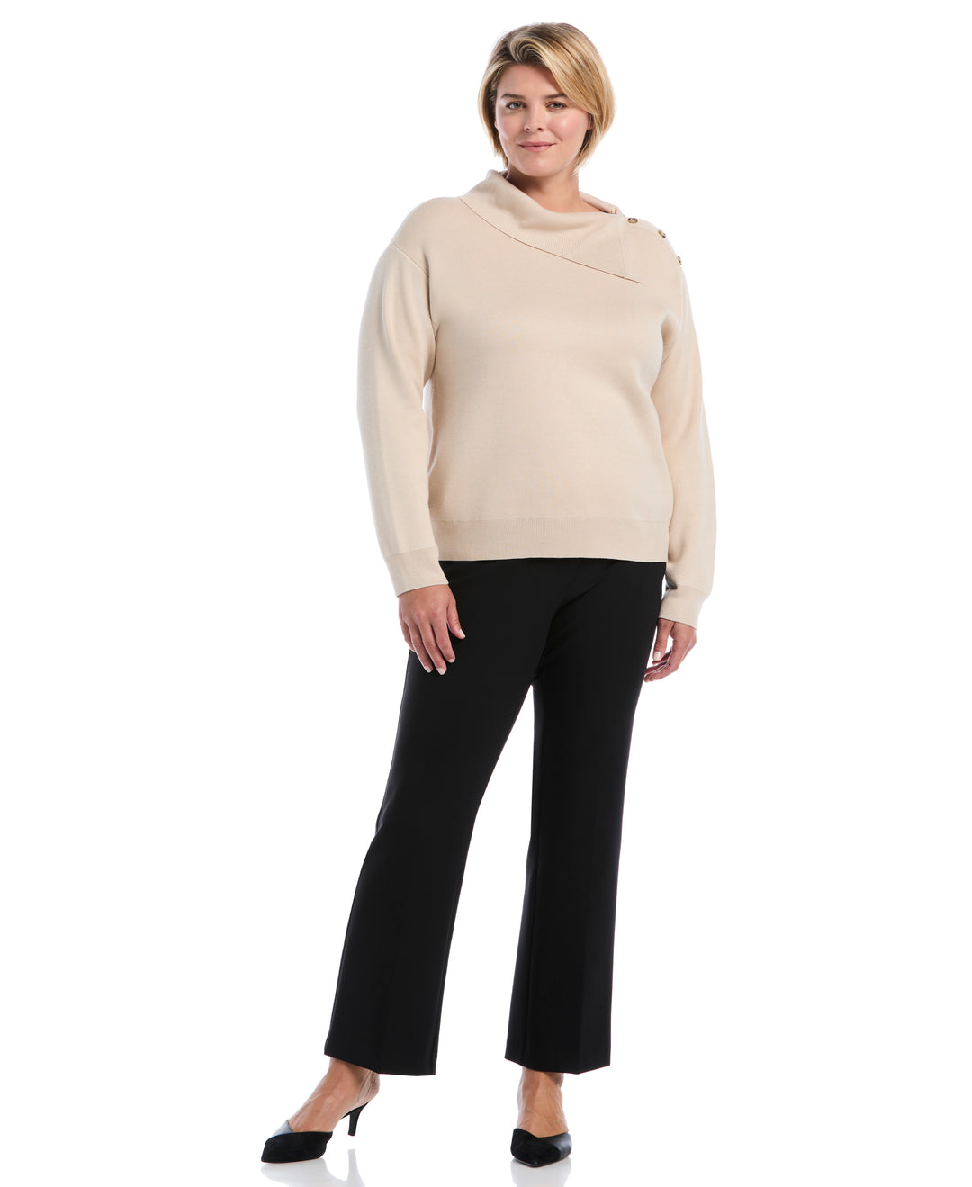 Plus Size Split Neck Button Detail Sweater (Oatmeal) 