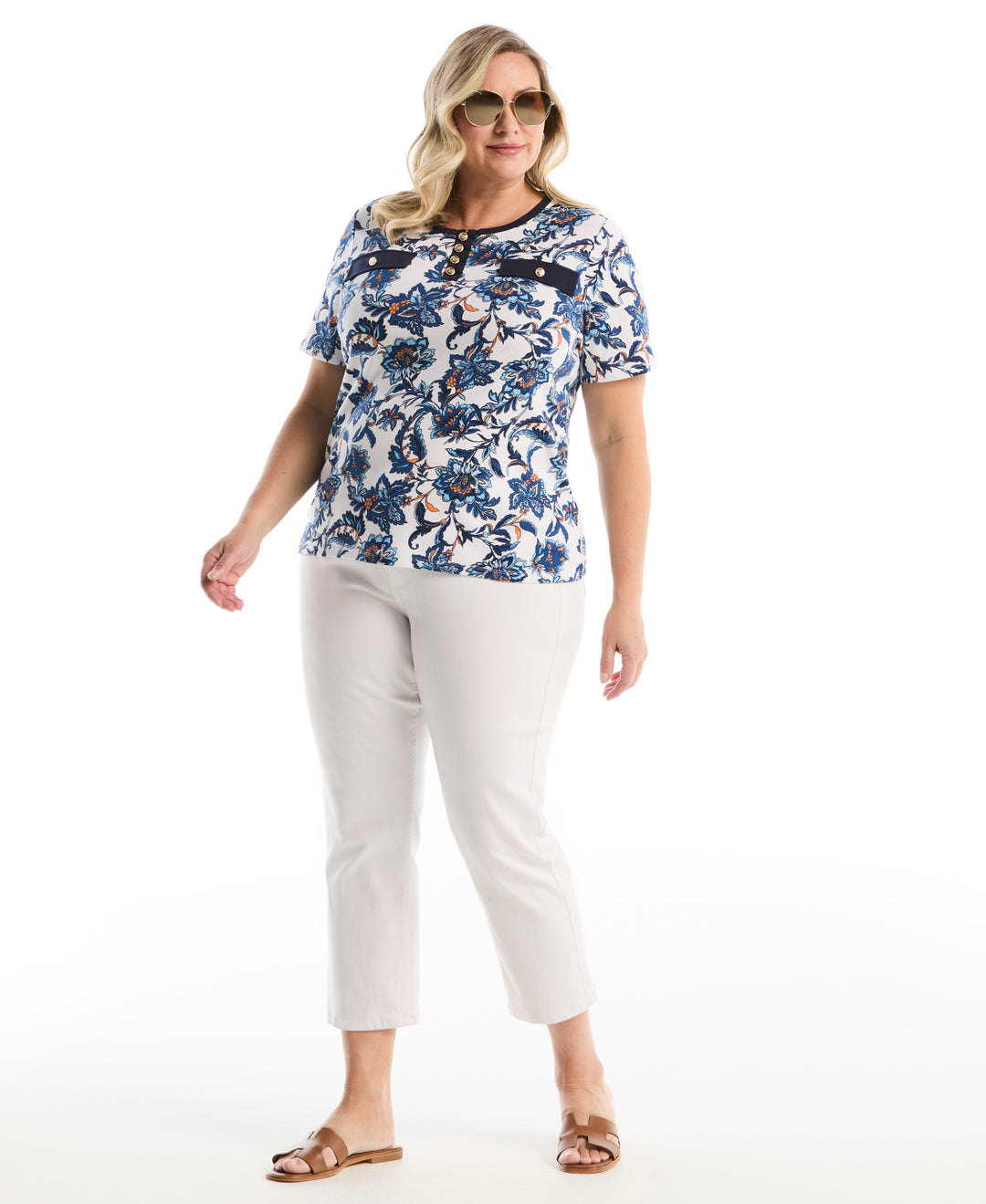 Plus Size Botanical Welt Pocket Button Detail Top (True Blue) 
