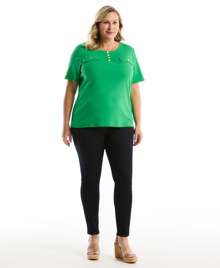 Plus Size Welt Pocket Button Detail Top (Fern Green) 