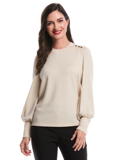 Metallic Puff Sleeve Crew Neck Top (Wheat Heather) 