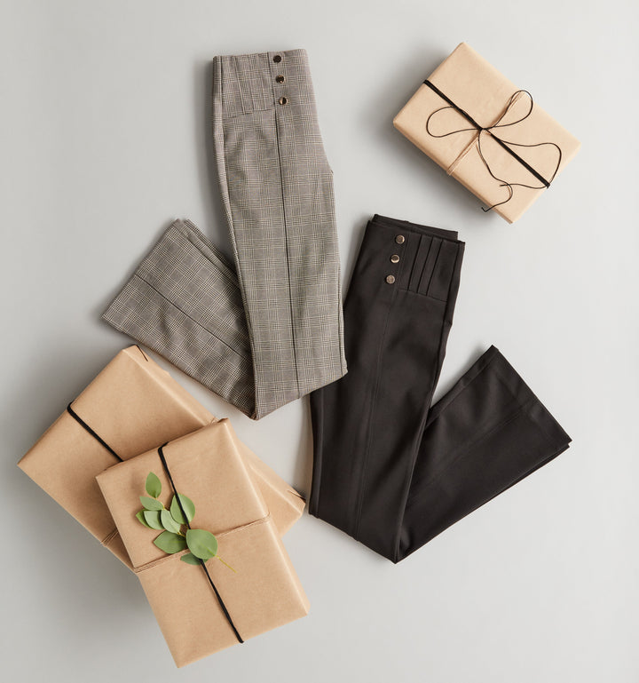 Button Detail Plaid Bootcut Pant (Stone)