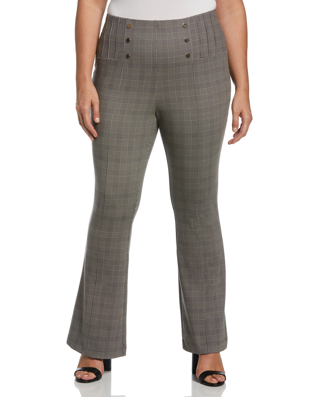 Button Detail Plaid Bootcut Pant (Stone) 