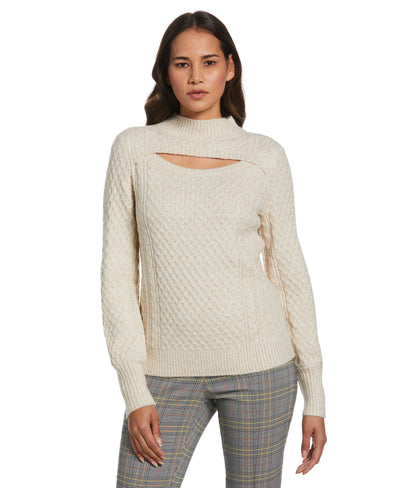 Cut-Out Cable Knit Sweater (Wheat Heather) 