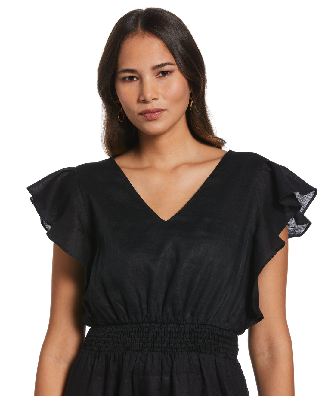 Rafaella Women's Double V Neck Ruffle Dress in Simply Green/Green, Solid, 100% Linen Rafaella Women's Double V Neck Ruffle Dress in Simply Green/Green, Solid, 100% Linen