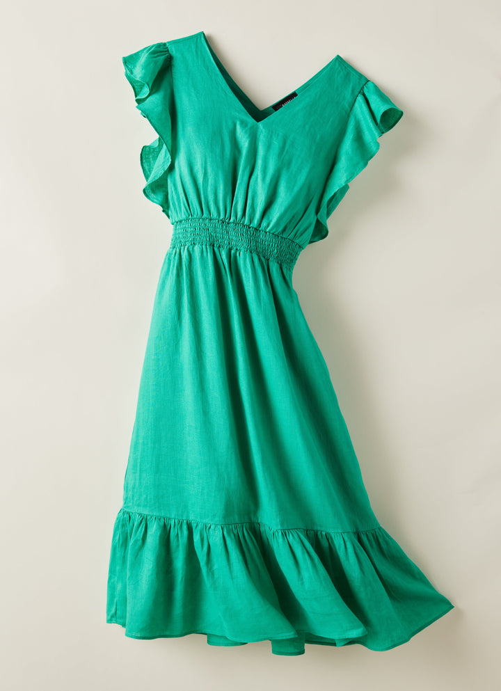 Double V Neck Ruffle Dress (Simply Green)