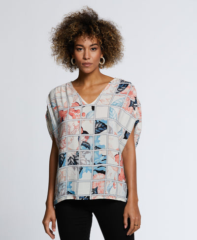 Eco Fabric Ruched Tie Sleeve V-Neck Top (Egret) 