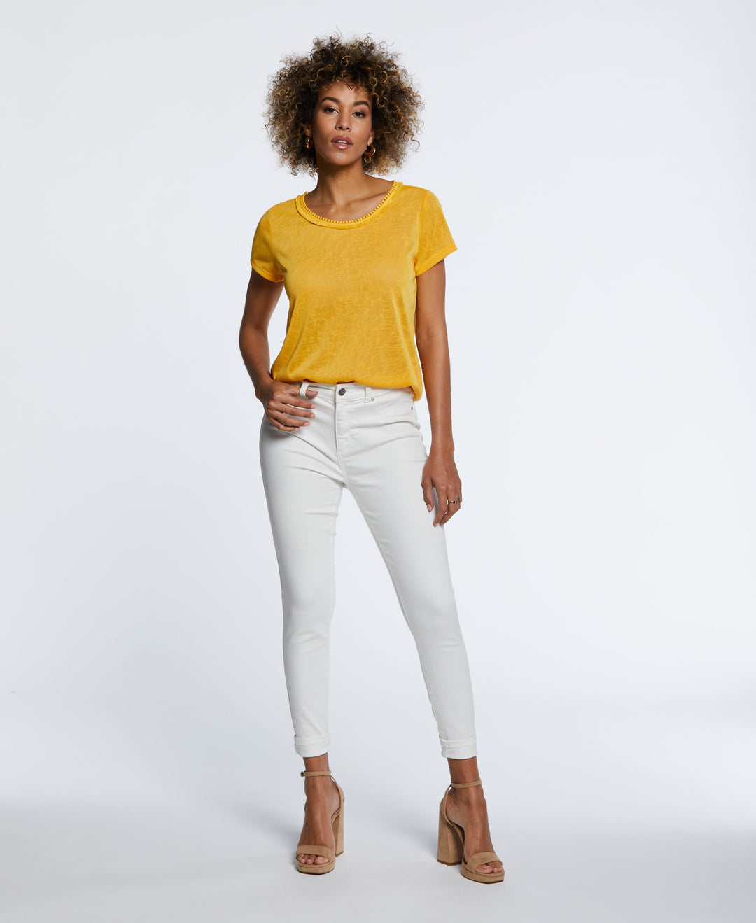 Eco Fabric Short Sleeve Top with Decorative Trim (Amber Yellow) 