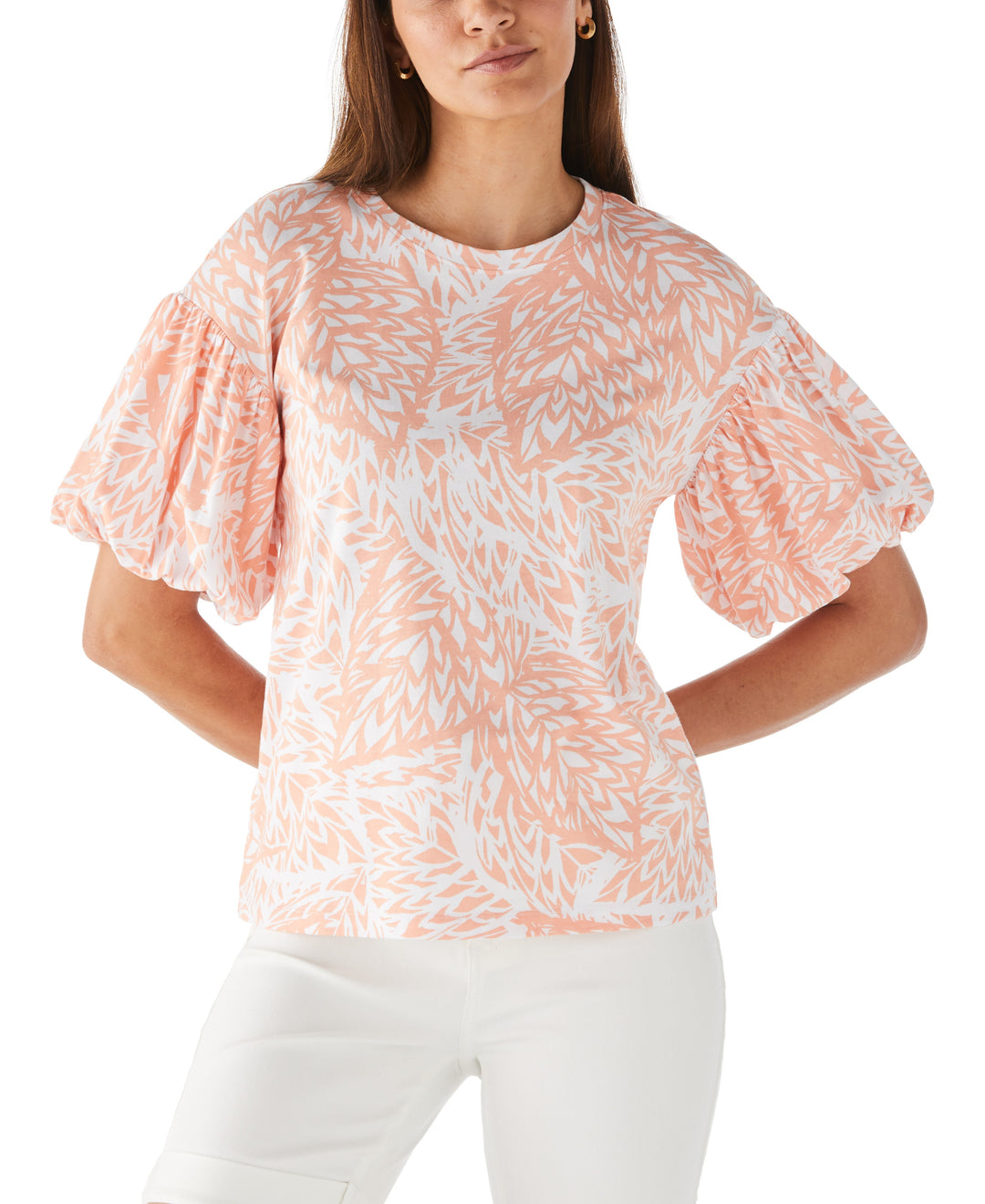 Floral Print Knit Bubble Sleeve Top (Peach Melba) 