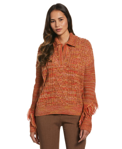 Fringe Trim Polo Sweater (Orange Rust) 