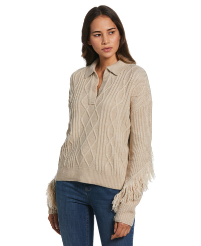 Fringe Trim Polo Sweater (Wheat Heather) 