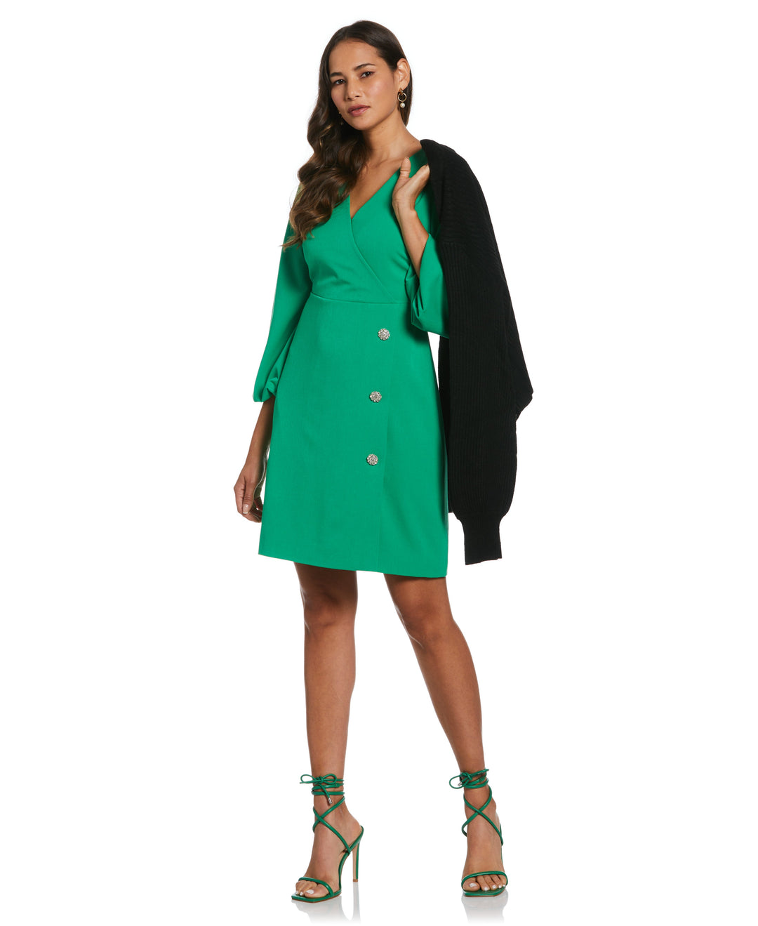 Jewel Button Surplice Dress (Fern Green) 