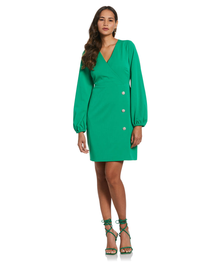 Jewel Button Surplice Dress (Fern Green) 