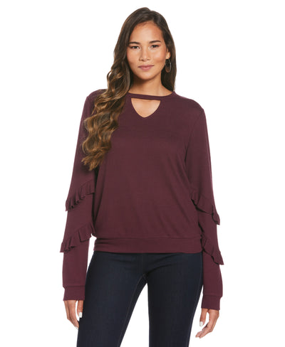 Knit Cutout Ruffle Sleeve Top (Winetasting) 