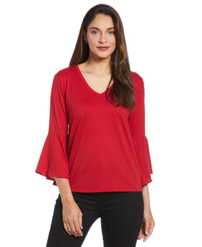 Knit V-Neck Ruffle Sleeve Top (Ruby) 