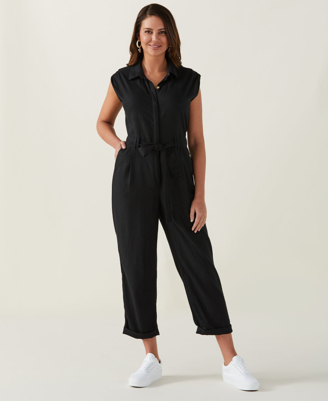 Linen Blend Jumpsuit (Black) 