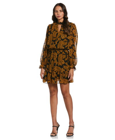 Metallic Leaves Print Dress (Black) 
