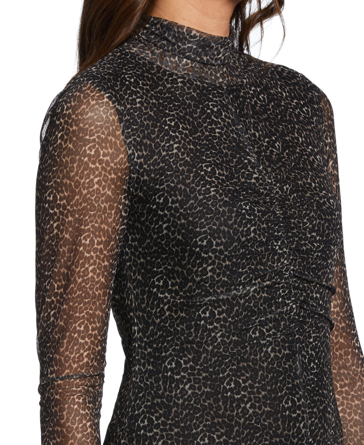 mesh ruched mock neck midi dress Chic Allure Mock Neck Ruched Mesh Midi Dress
