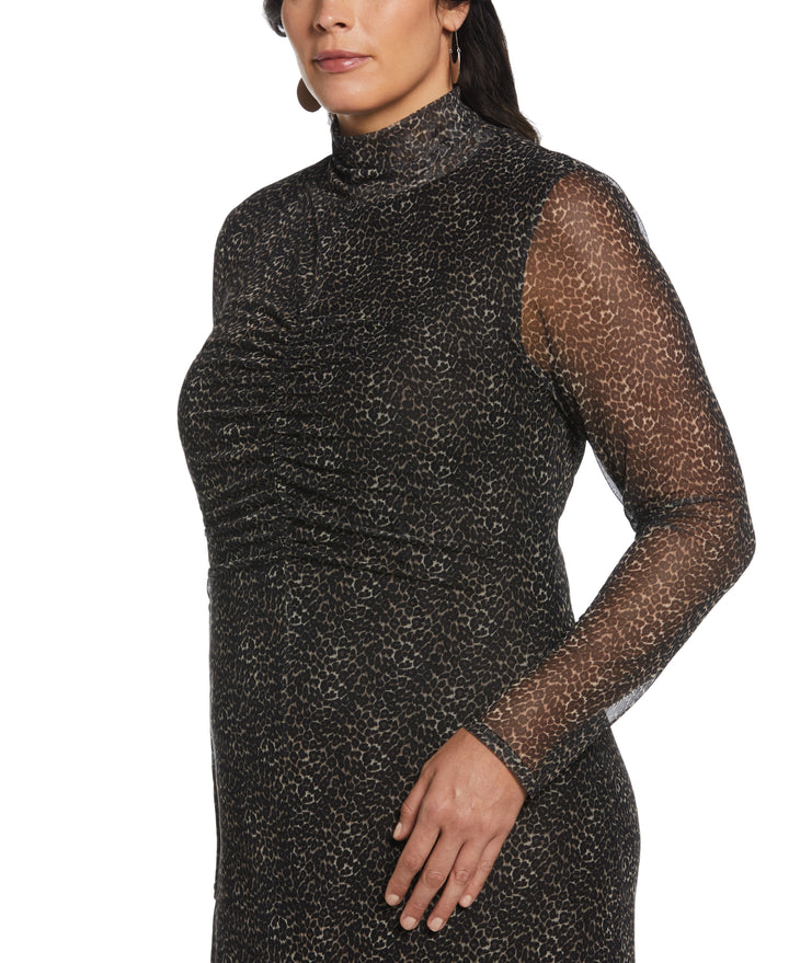 Mock Neck Mesh Midi Dress (Black) 