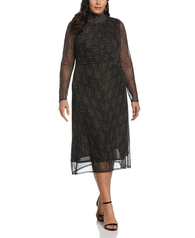 Mock Neck Mesh Midi Dress (Black) 