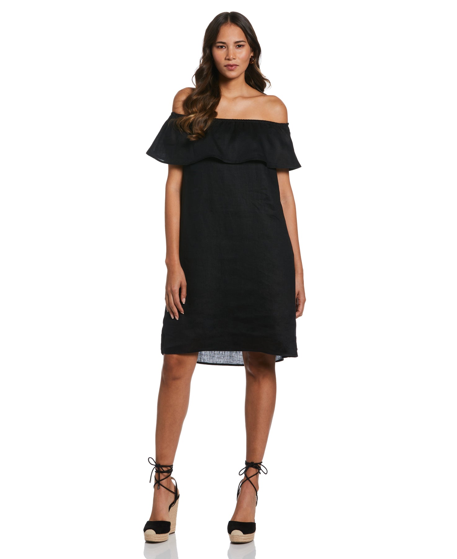 Rafaella Women's Off-The-Shoulder Ruffle Linen Dress in Black, Size XL, Solid, 100% Linen Rafaella Women's Off-The-Shoulder Ruffle Linen Dress in Black, Size XL, Solid, 100% Linen
