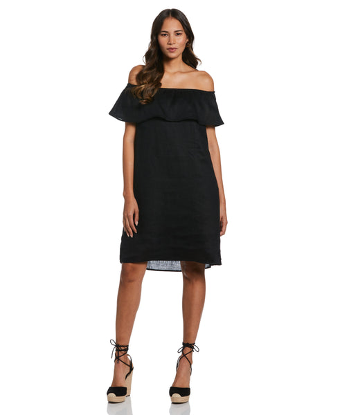 Rafaella Women's Off-The-Shoulder Ruffle Linen Dress in Black, Size XL, Solid, 100% Linen Rafaella Women's Off-The-Shoulder Ruffle Linen Dress in Black, Size XL, Solid, 100% Linen
