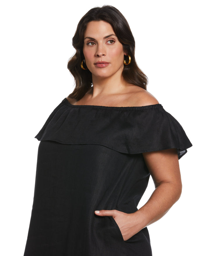 Off-the-Shoulder Ruffle Linen Dress (Black) 
