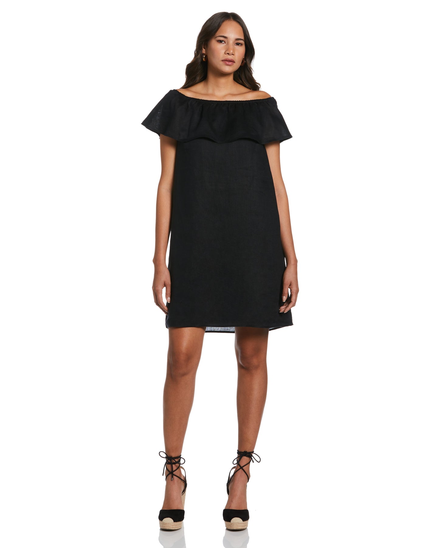 off the shoulder linen dress Rafaella Women's Off-The-Shoulder Ruffle Linen Dress in Black, Size XL, Solid, 100% Linen