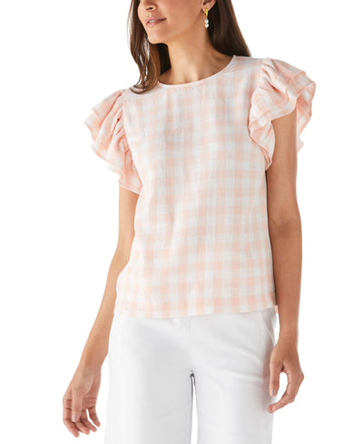 Linen Blend Flutter Sleeve Top (Peach Melba) 