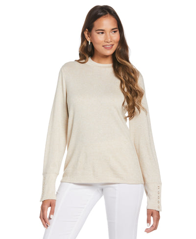 Mock Neck Snap Cuff Top (Wheat Heather) 