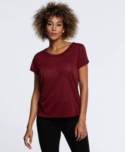 Petite Size Eco Fabric Short Sleeve Top with Decorative Trim (Rumba Red)