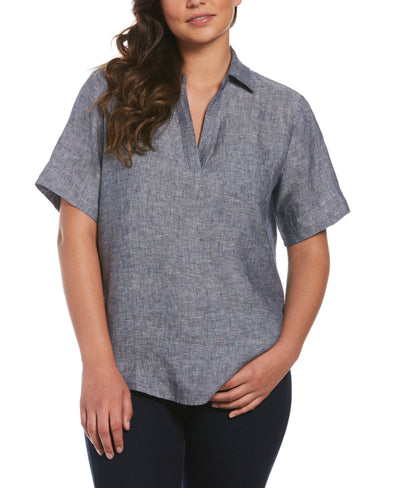 Split Neck Linen Top (Indigo) 