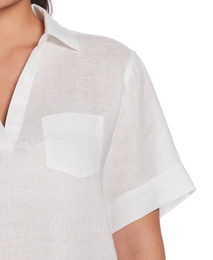 Split Neck Linen Top (White) 