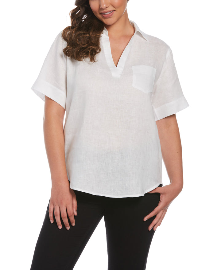 Split Neck Linen Top (White) 