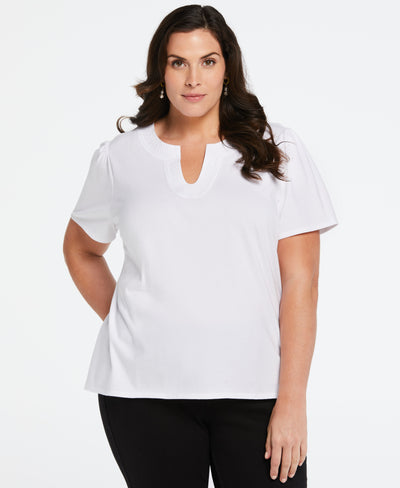 Plus Size 100% Cotton Jersey Top with Woven Trim (White) 
