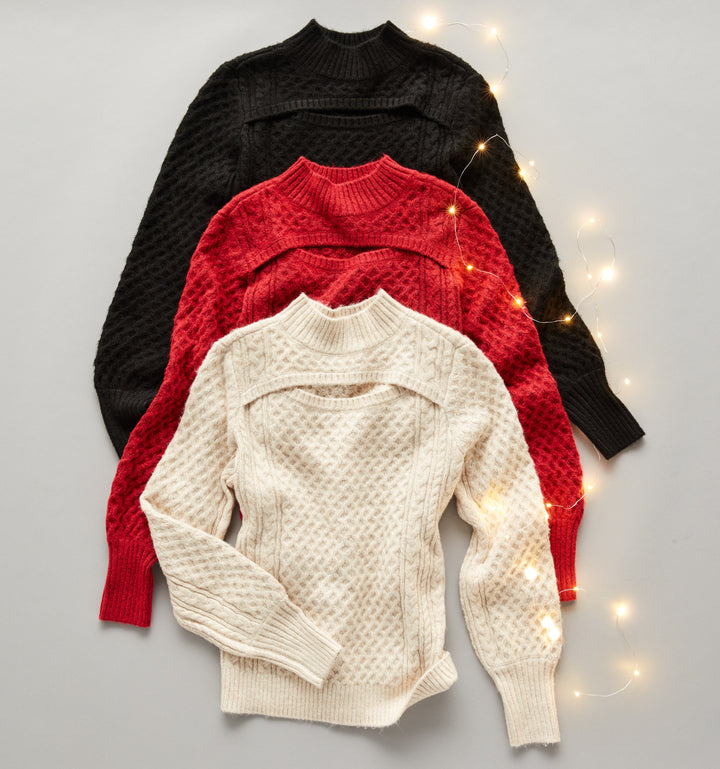 Cut-Out Cable Knit Sweater (Wheat Heather)