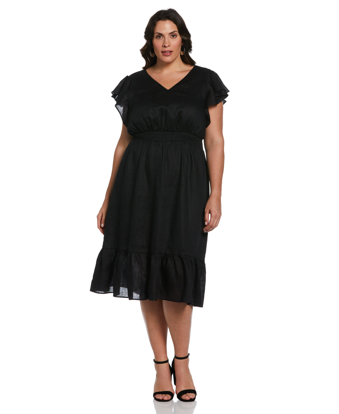 Double V Neck Ruffle Dress (Black) 