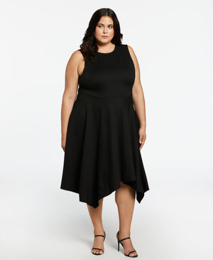 Plus Size Draped Skirt Sleeveless Ponte Dress (Black) 