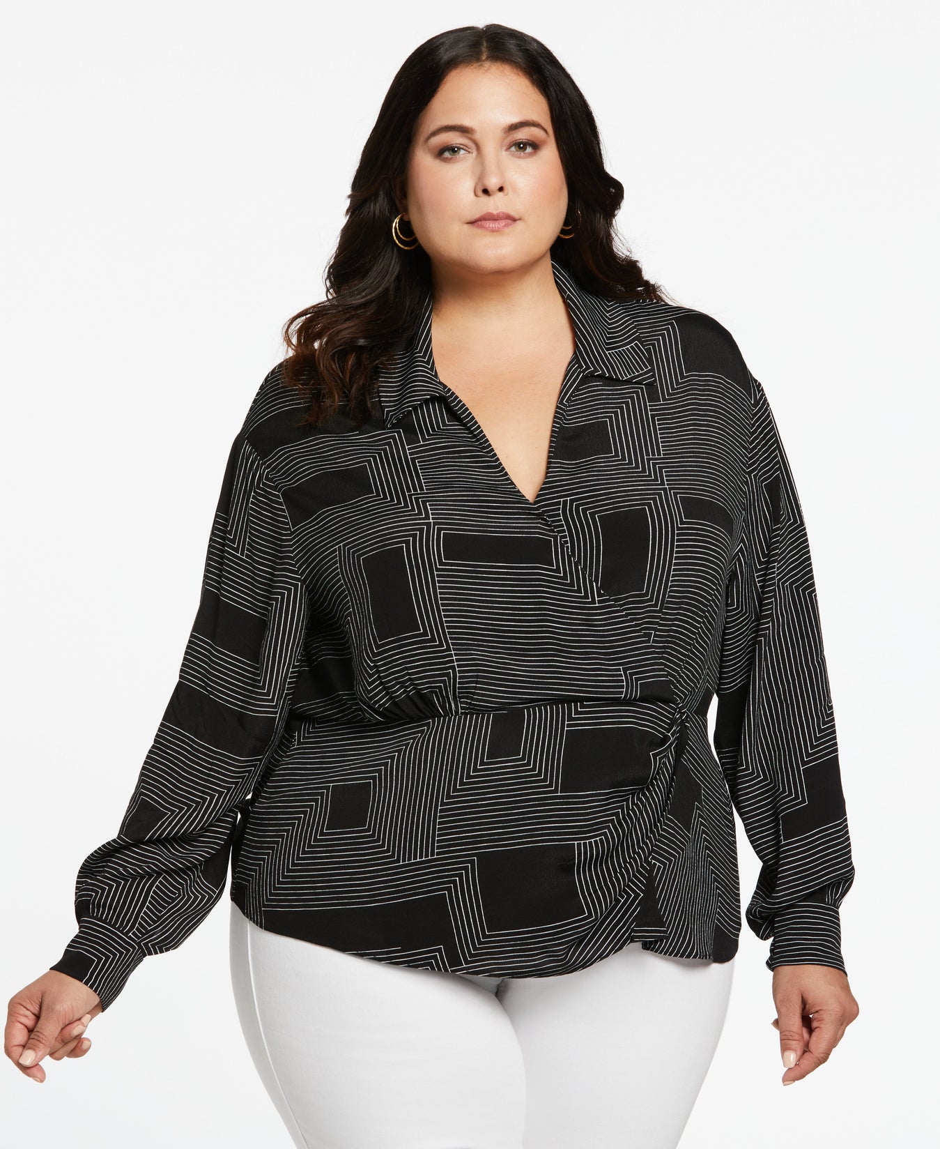 Plus Size Long Sleeve Blouse - Faux Wrap In Eco Crepe