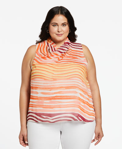 Plus Size Eco Fabric Twisted Drape Neck Sleeveless Blouse (Flame) 
