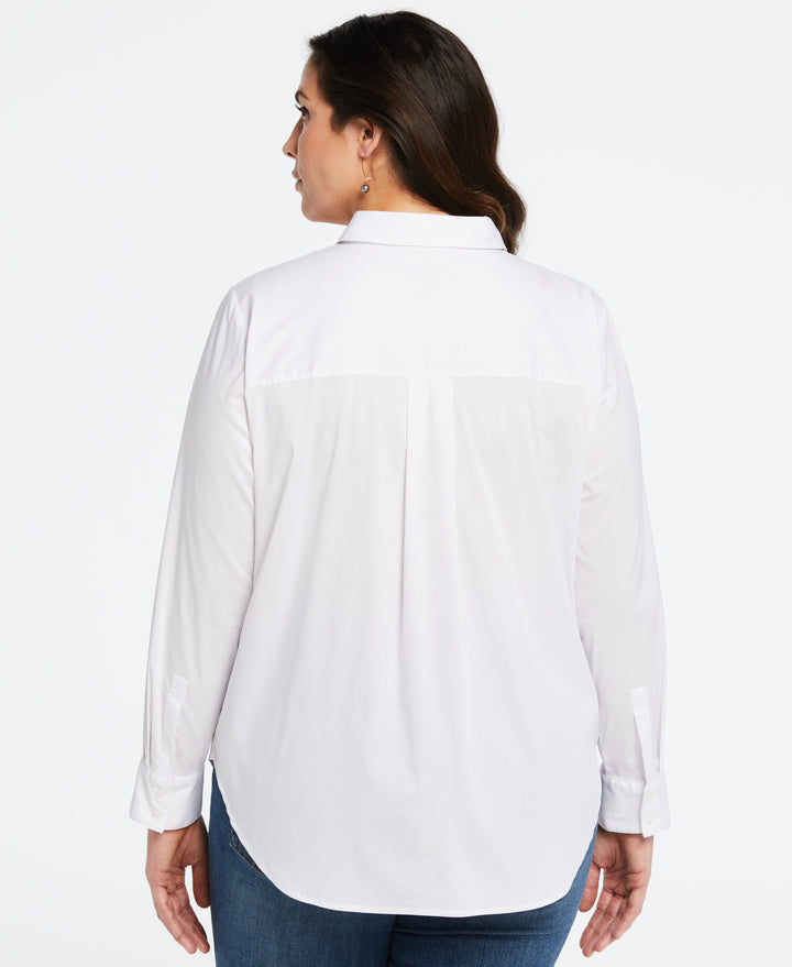 Plus Size Ruched Sleeve Embellished Collar Blouse (White) 