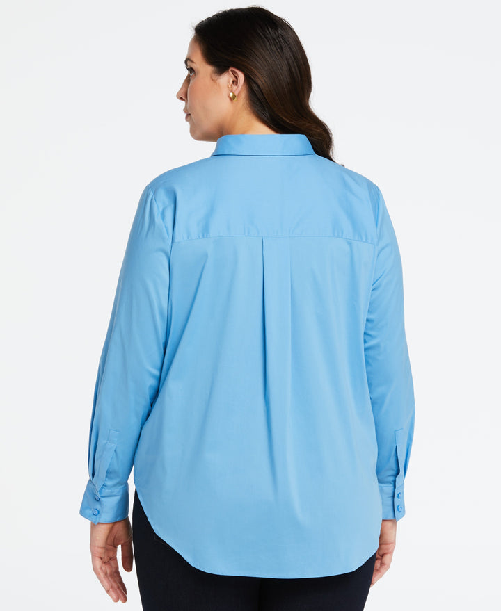 Plus Size Ruched Sleeve Embellished Collar Blouse (Azure Blue) 