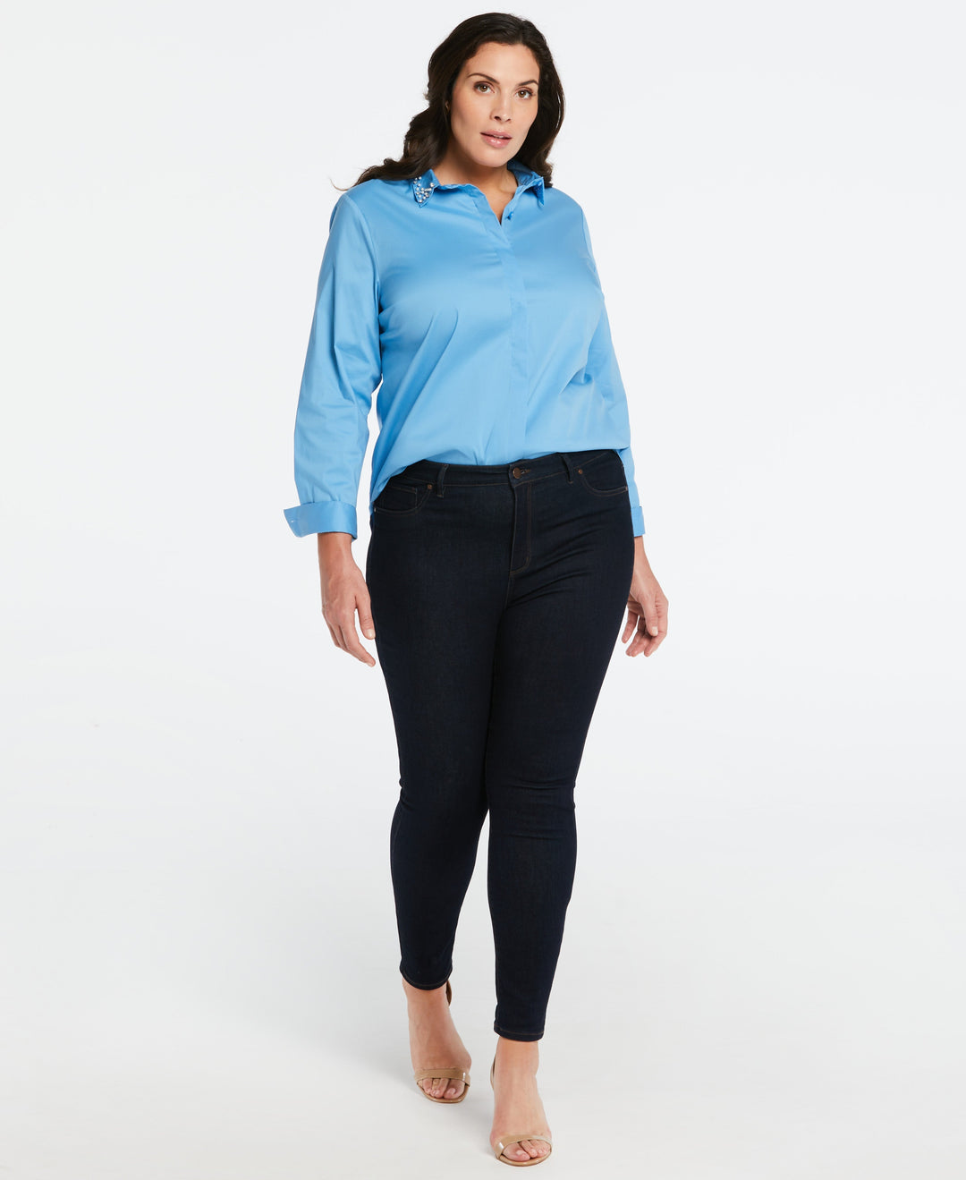 Plus Size Ruched Sleeve Embellished Collar Blouse (Azure Blue) 