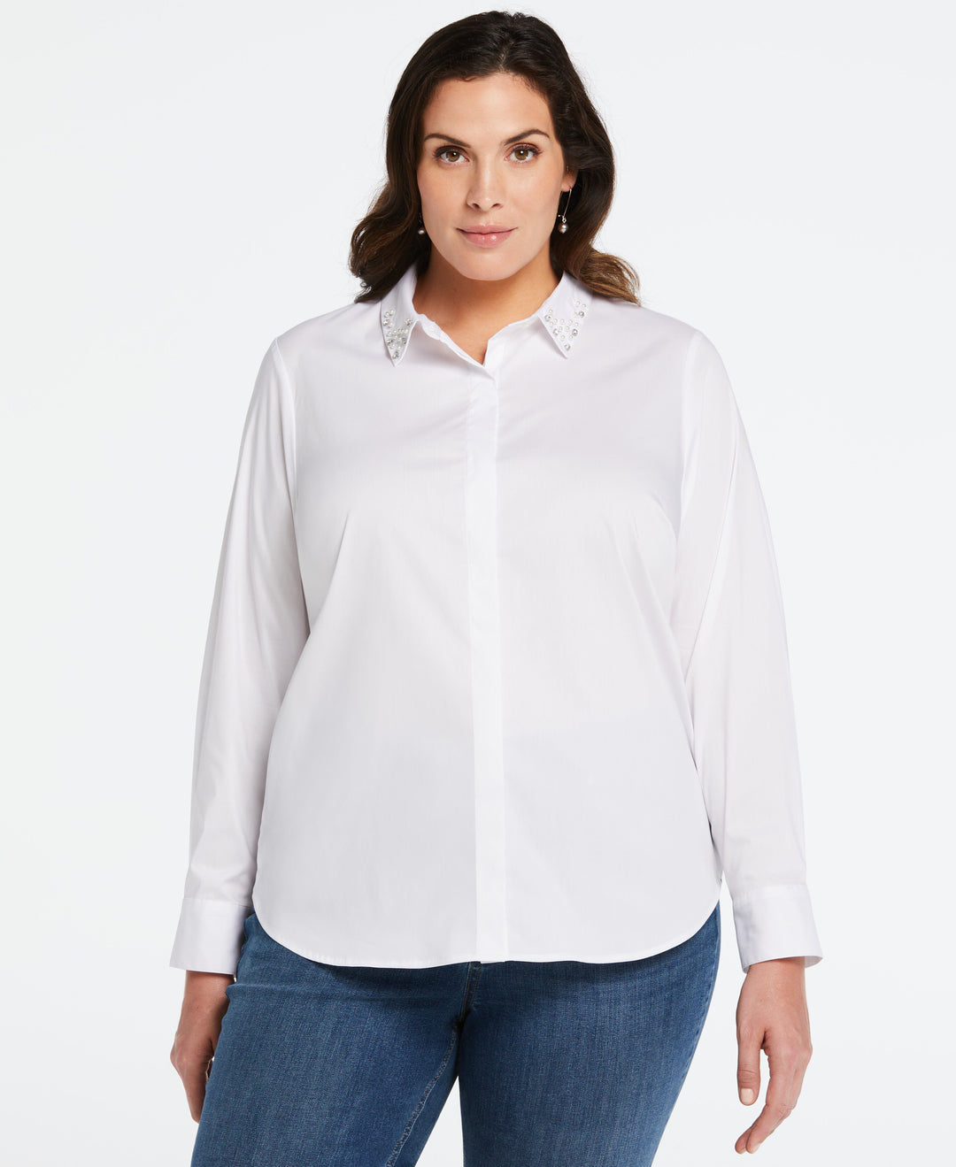 Ella Rafaella Plus Size Ruched Sleeve Embellished Collar Blouse - Azure Blue