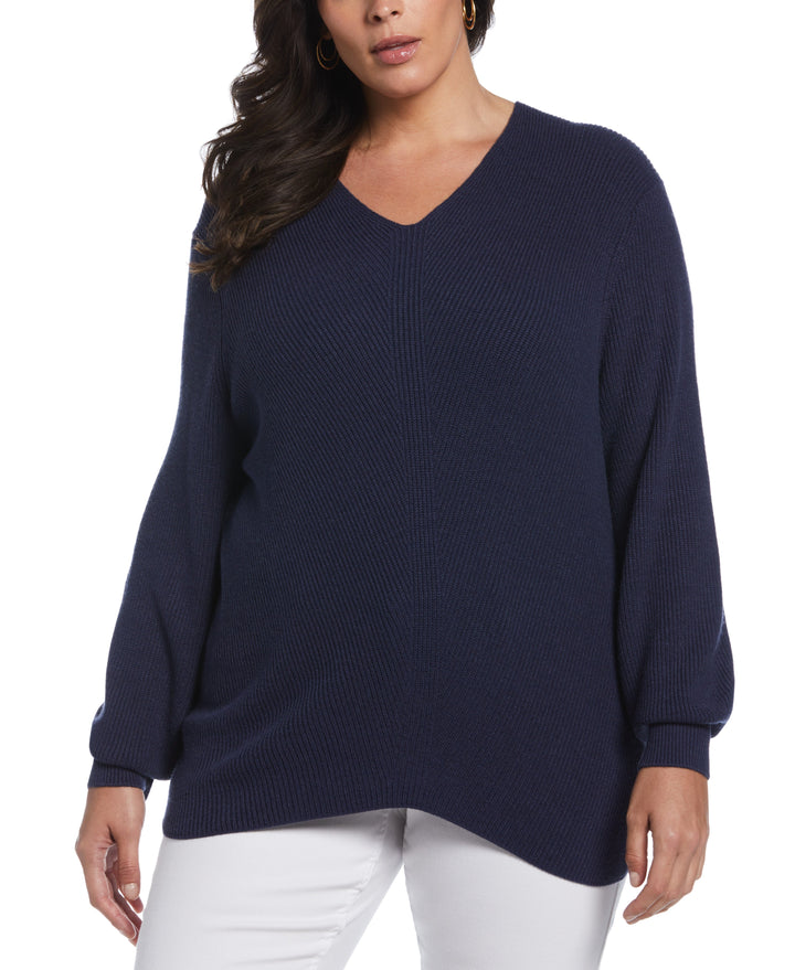 Essential Ribbed V-Neck Sweater (Peacoat Heather) 